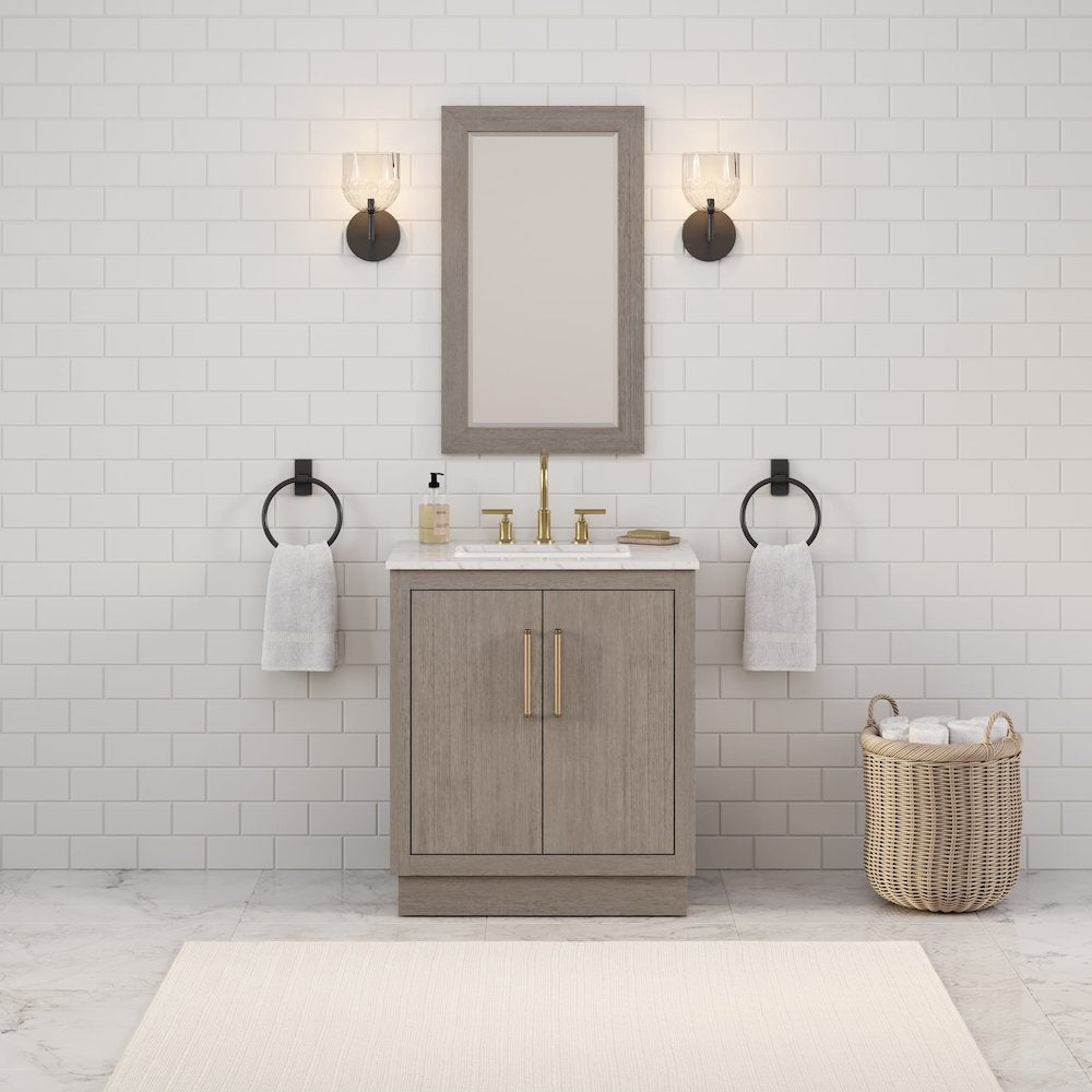 Hugo 30 In. Single Sink Carrara White Marble Countertop Bath Vanity in Grey Oak