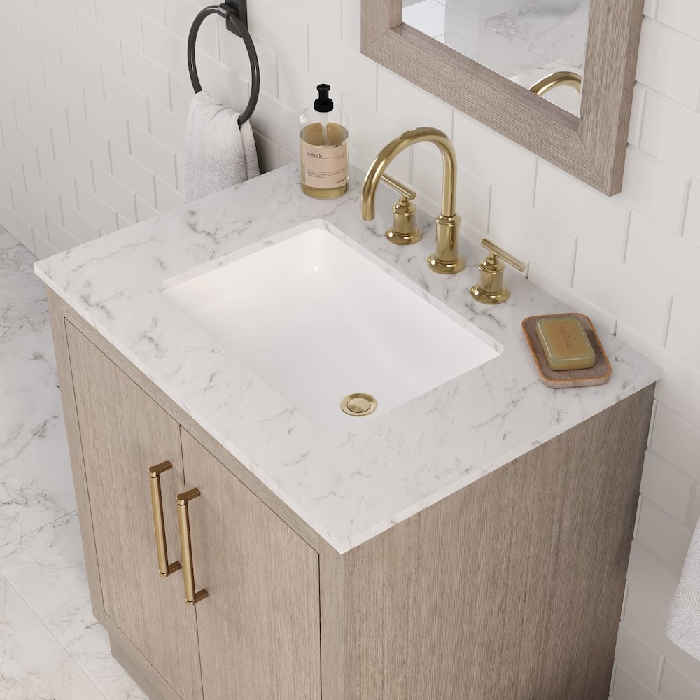 Hugo 30 In. Single Sink Carrara White Marble Countertop Bath Vanity in Grey Oak