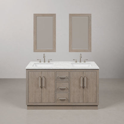 Hugo 60 In. Double Sink Carrara White Marble Countertop Bath Vanity in Grey Oak