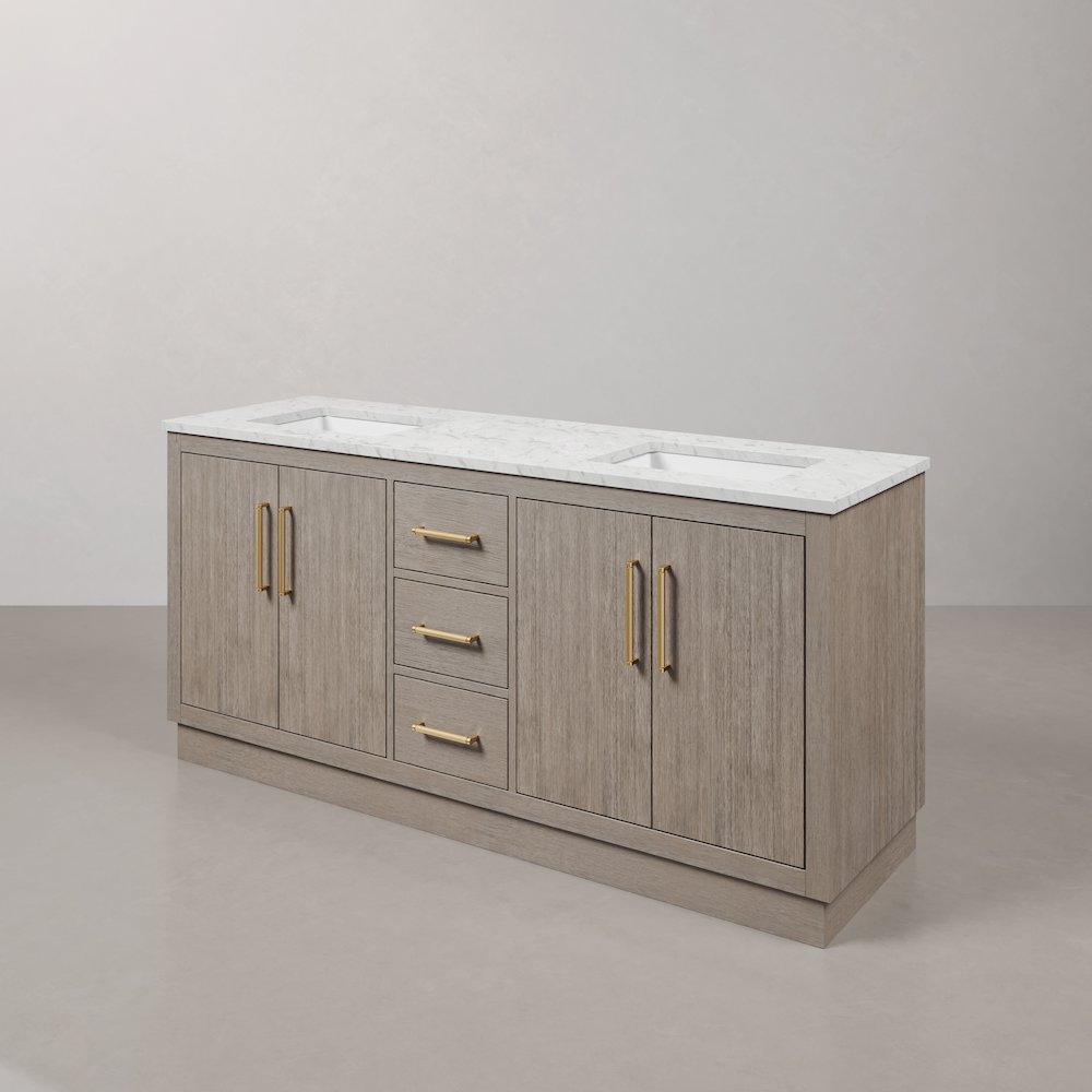 Hugo 72 In. Double Sink Carrara White Marble Countertop Bath Vanity in Grey Oak