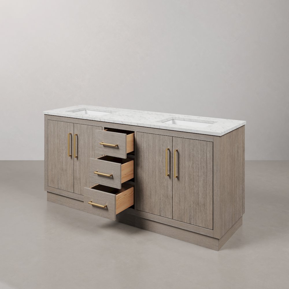 Hugo 72 In. Double Sink Carrara White Marble Countertop Bath Vanity in Grey Oak