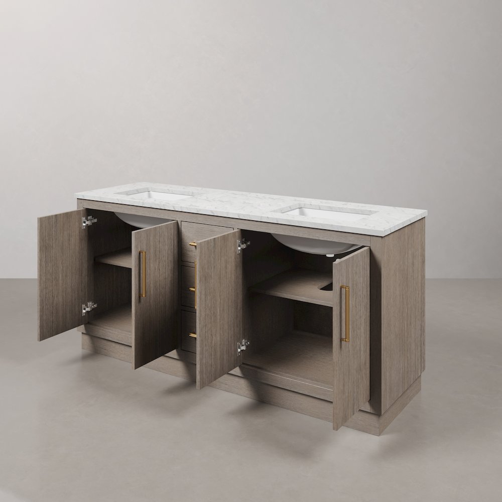 Hugo 72 In. Double Sink Carrara White Marble Countertop Bath Vanity in Grey Oak