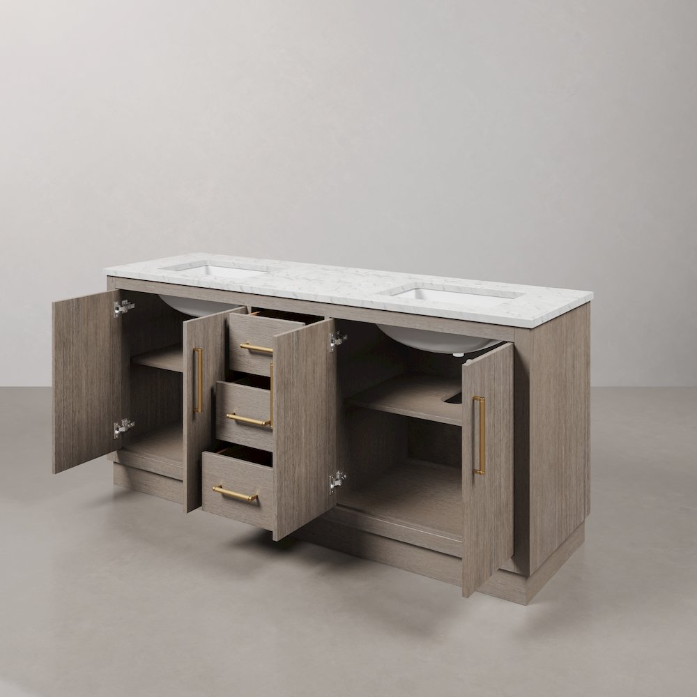 Hugo 72 In. Double Sink Carrara White Marble Countertop Bath Vanity in Grey Oak