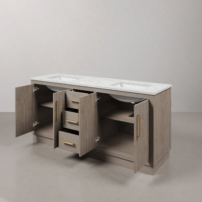Hugo 72 In. Double Sink Carrara White Marble Countertop Bath Vanity in Grey Oak