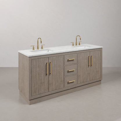 Hugo 72 In. Double Sink Carrara White Marble Countertop Bath Vanity in Grey Oak