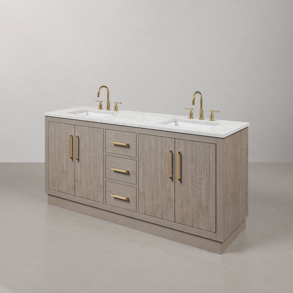 Hugo 72 In. Double Sink Carrara White Marble Countertop Bath Vanity in Grey Oak