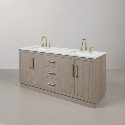 Hugo 72 In. Double Sink Carrara White Marble Countertop Bath Vanity in Grey Oak