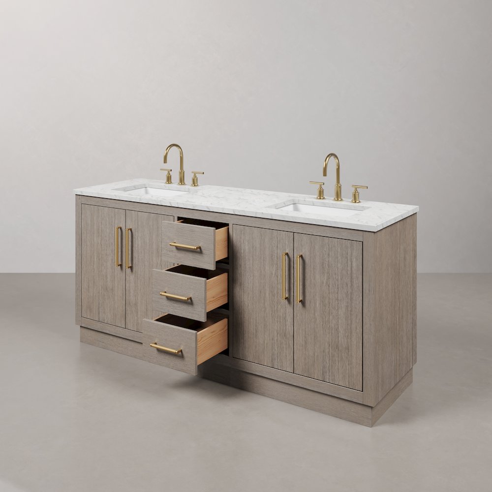 Hugo 72 In. Double Sink Carrara White Marble Countertop Bath Vanity in Grey Oak