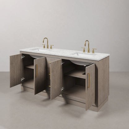Hugo 72 In. Double Sink Carrara White Marble Countertop Bath Vanity in Grey Oak