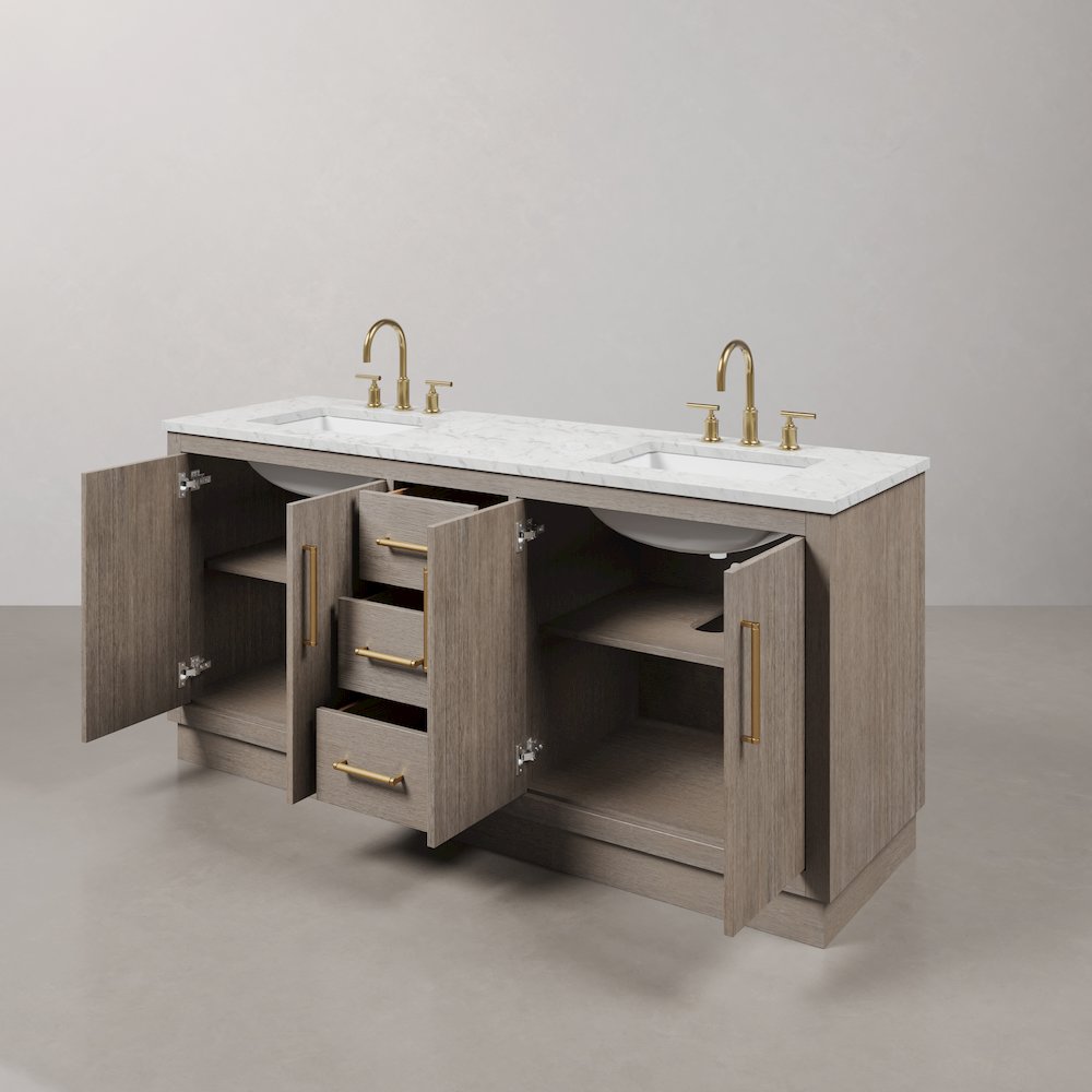 Hugo 72 In. Double Sink Carrara White Marble Countertop Bath Vanity in Grey Oak