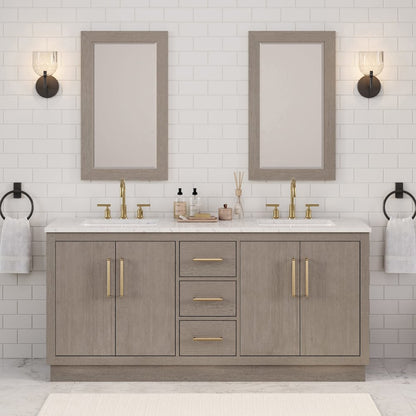 Hugo 72 In. Double Sink Carrara White Marble Countertop Bath Vanity in Grey Oak