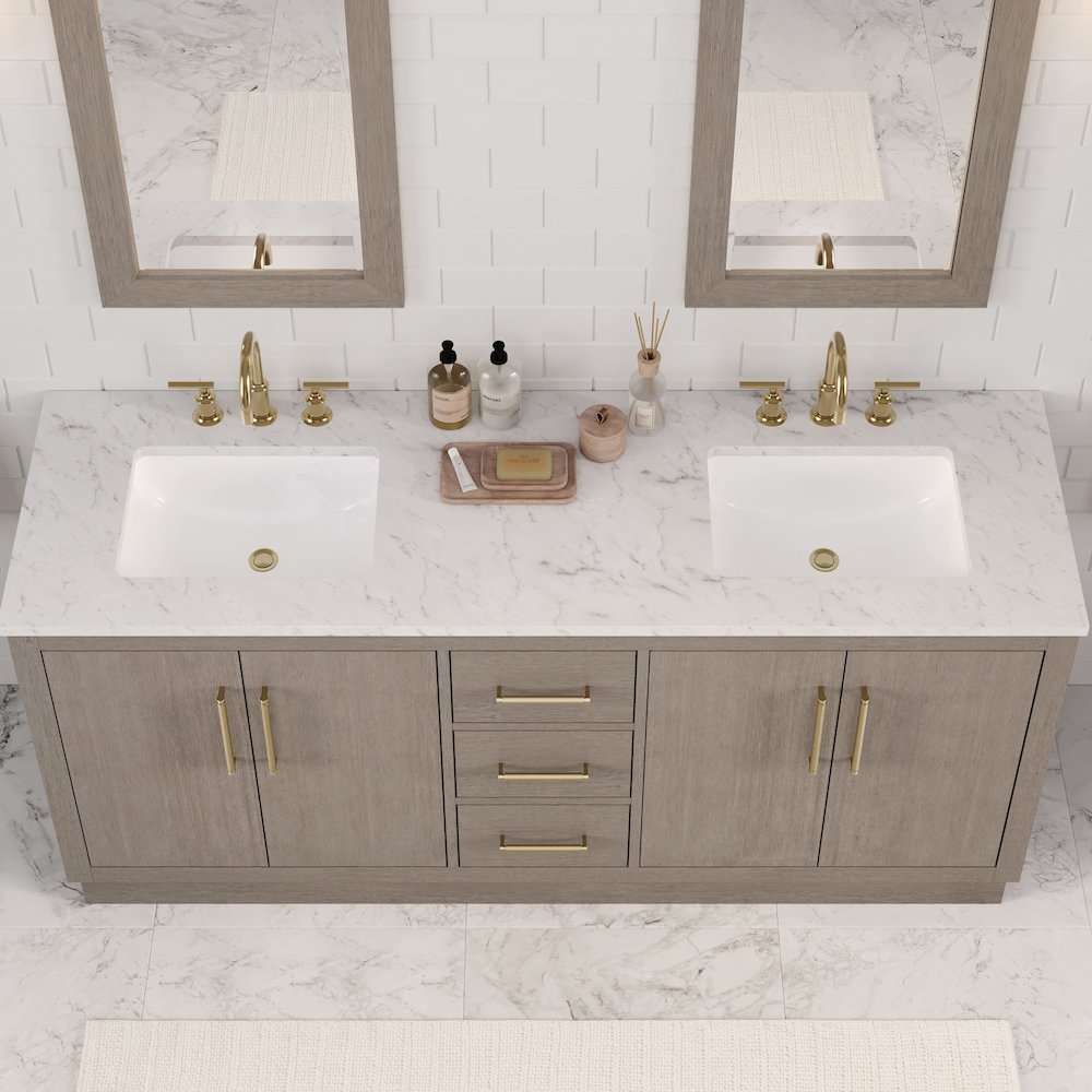 Hugo 72 In. Double Sink Carrara White Marble Countertop Bath Vanity in Grey Oak