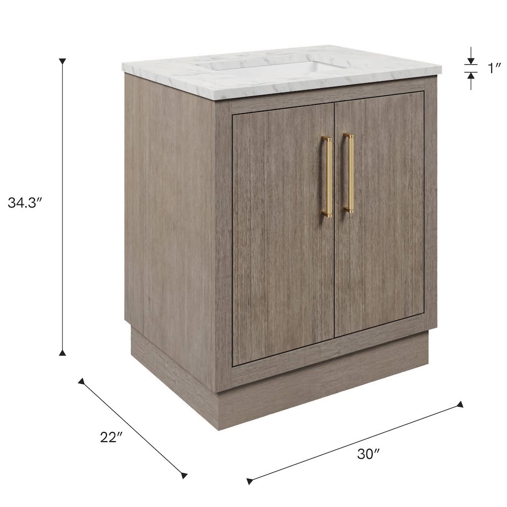 Hugo 30 In. Single Sink Carrara White Marble Countertop Bath Vanity in Grey Oak