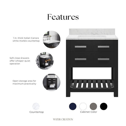 Madalyn 30 In. Single Sink Carrara White Marble Countertop Bath Vanity