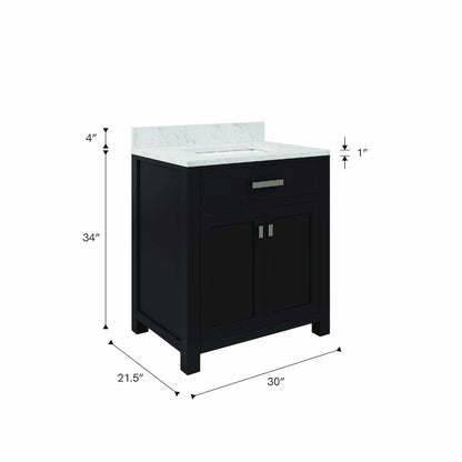 Madison 30 In. Single Sink Carrara White Marble Countertop Bath Vanity