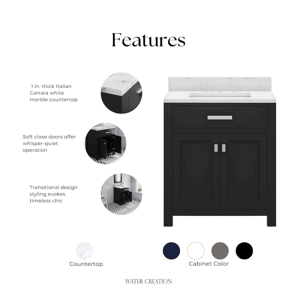 Madison 30 In. Single Sink Carrara White Marble Countertop Bath Vanity