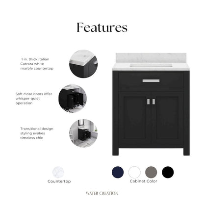 Madison 30 In. Single Sink Carrara White Marble Countertop Bath Vanity