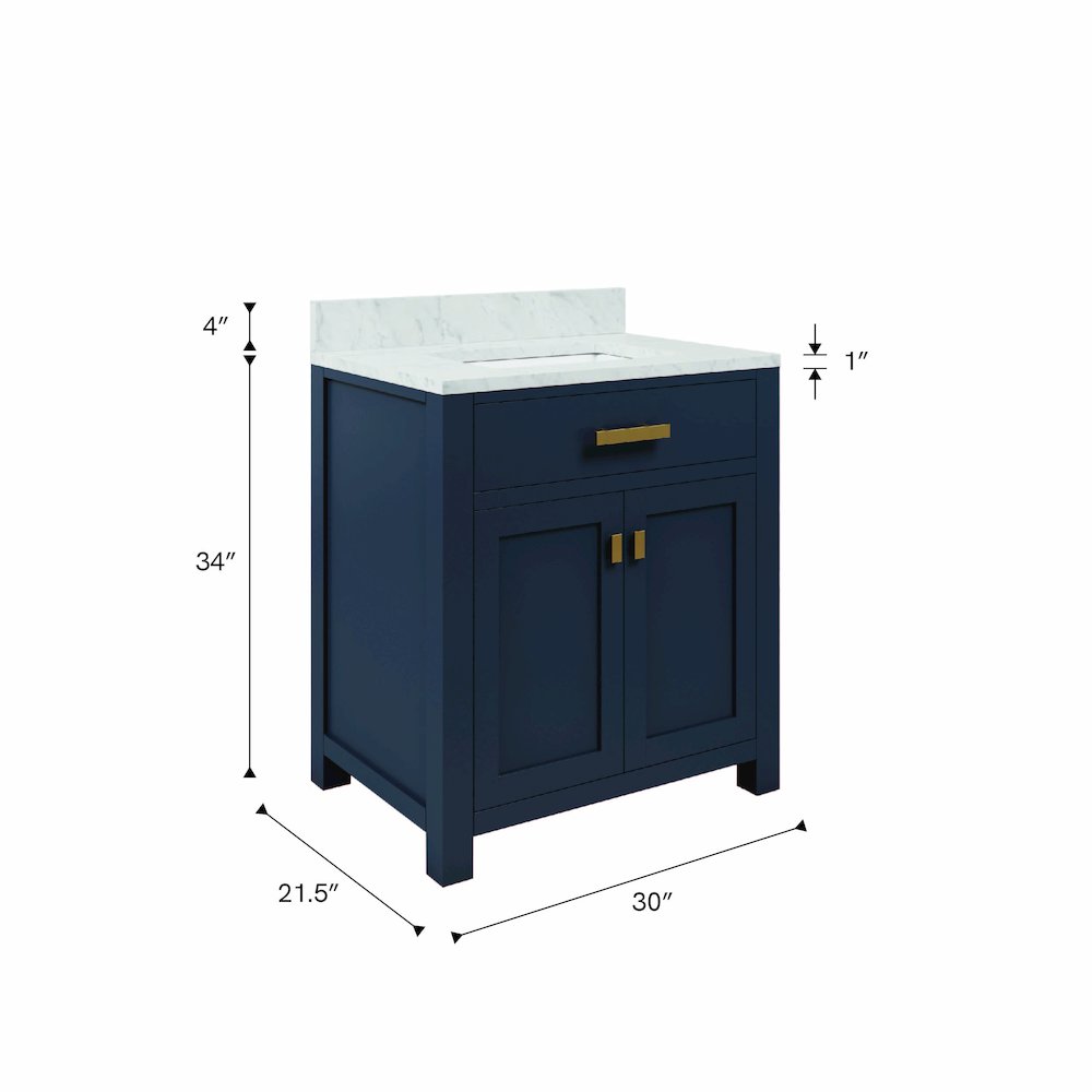 Madison 30 In. Single Sink Carrara White Marble Countertop Bath Vanity