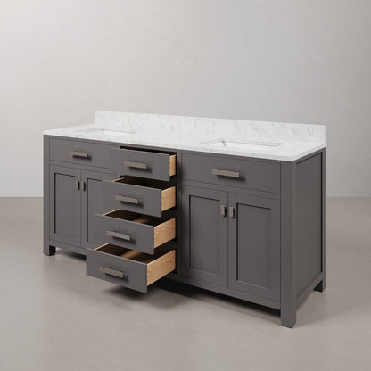 Madison 72 In. Double Sink Carrara White Marble Countertop Bath Vanity