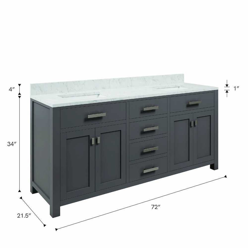 Madison 72 In. Double Sink Carrara White Marble Countertop Bath Vanity