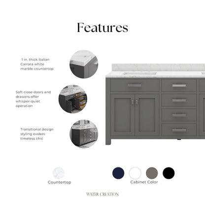 Madison 72 In. Double Sink Carrara White Marble Countertop Bath Vanity