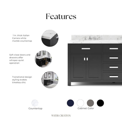 Madison 72 In. Double Sink Carrara White Marble Countertop Bath Vanity