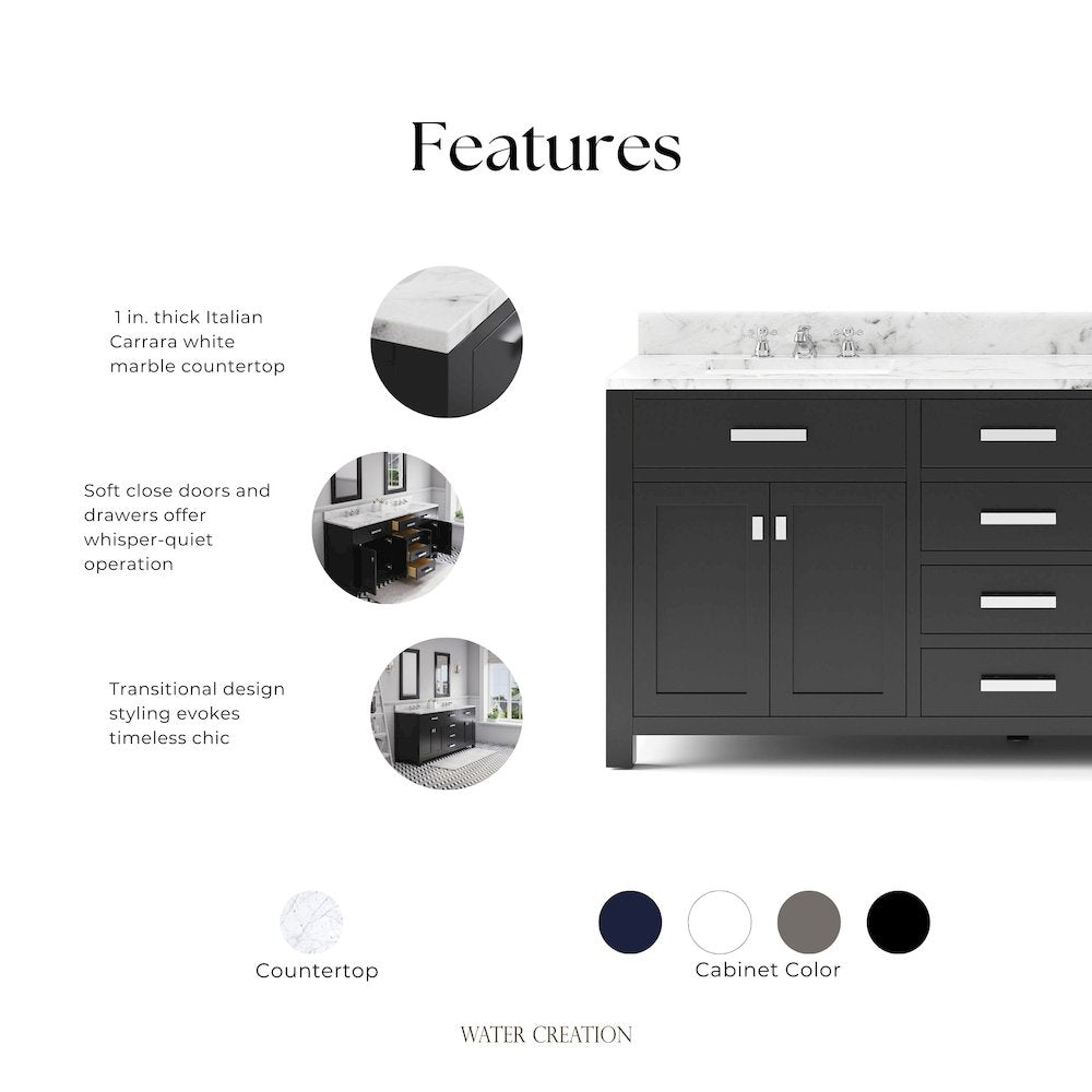 Madison 72 In. Double Sink Carrara White Marble Countertop Bath Vanity