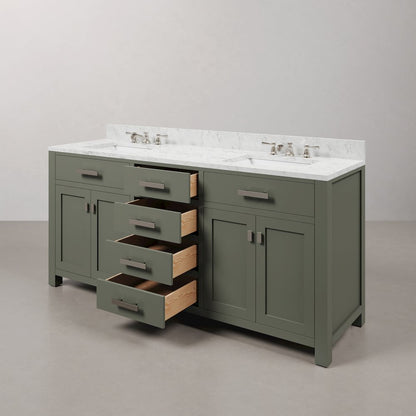 Madison 72 In. Double Sink Carrara White Marble Countertop Bath Vanity