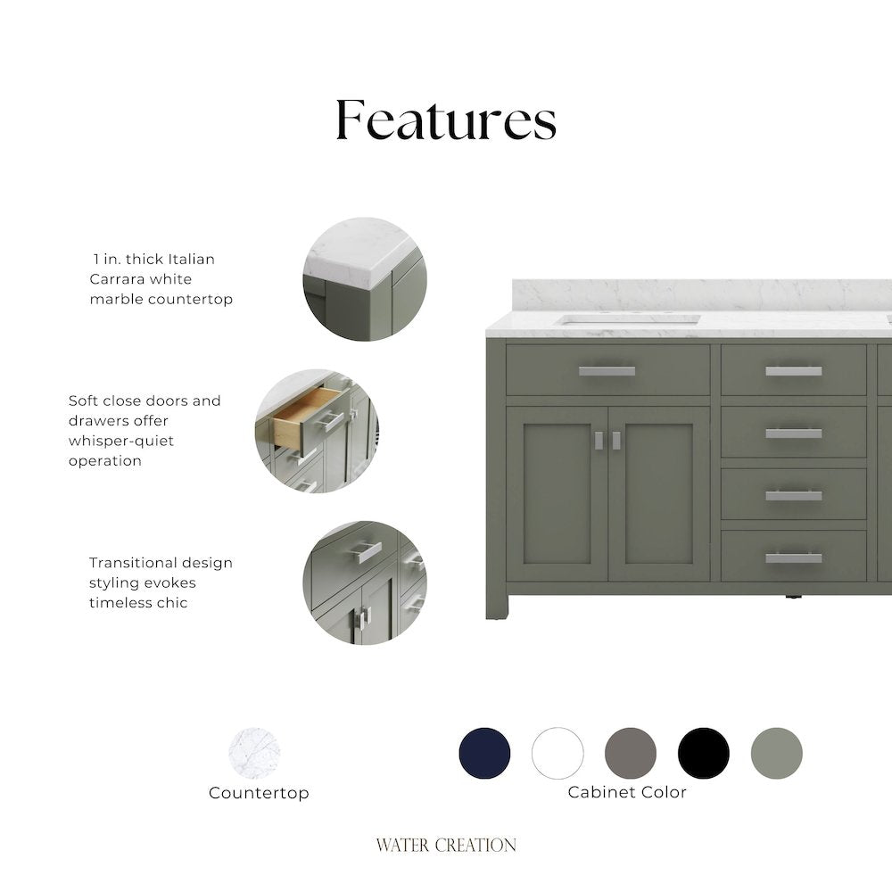 Madison 72 In. Double Sink Carrara White Marble Countertop Bath Vanity