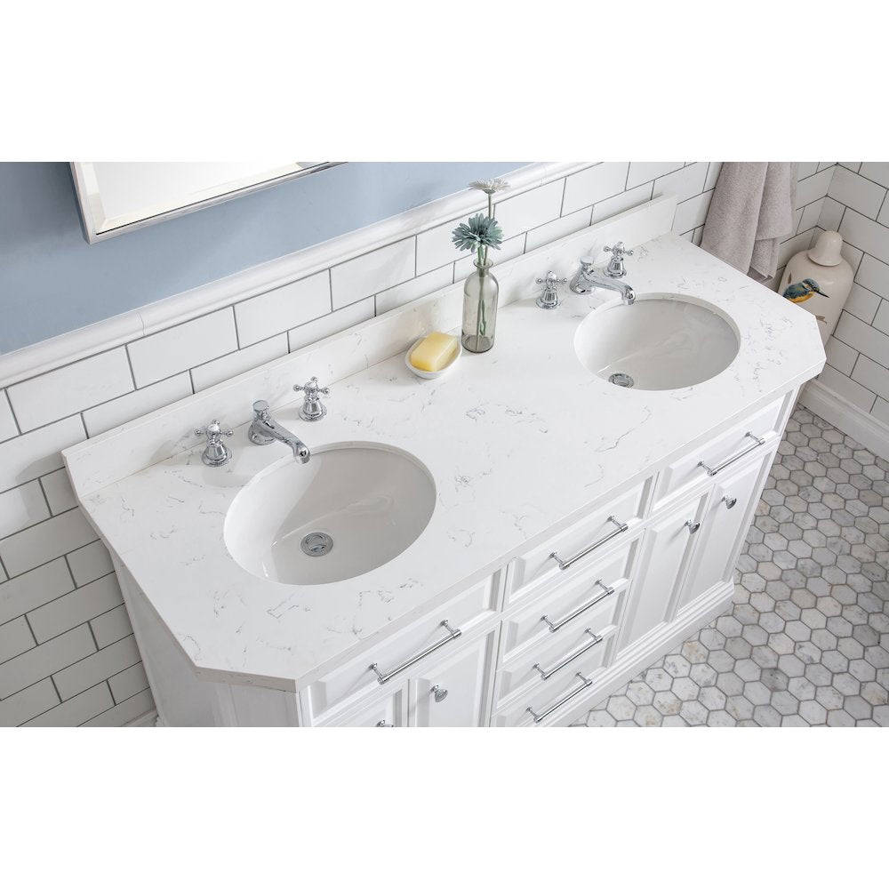 Palace 60 In. Double Sink Carrara Quartz Countertop Bath Vanity in Pure White