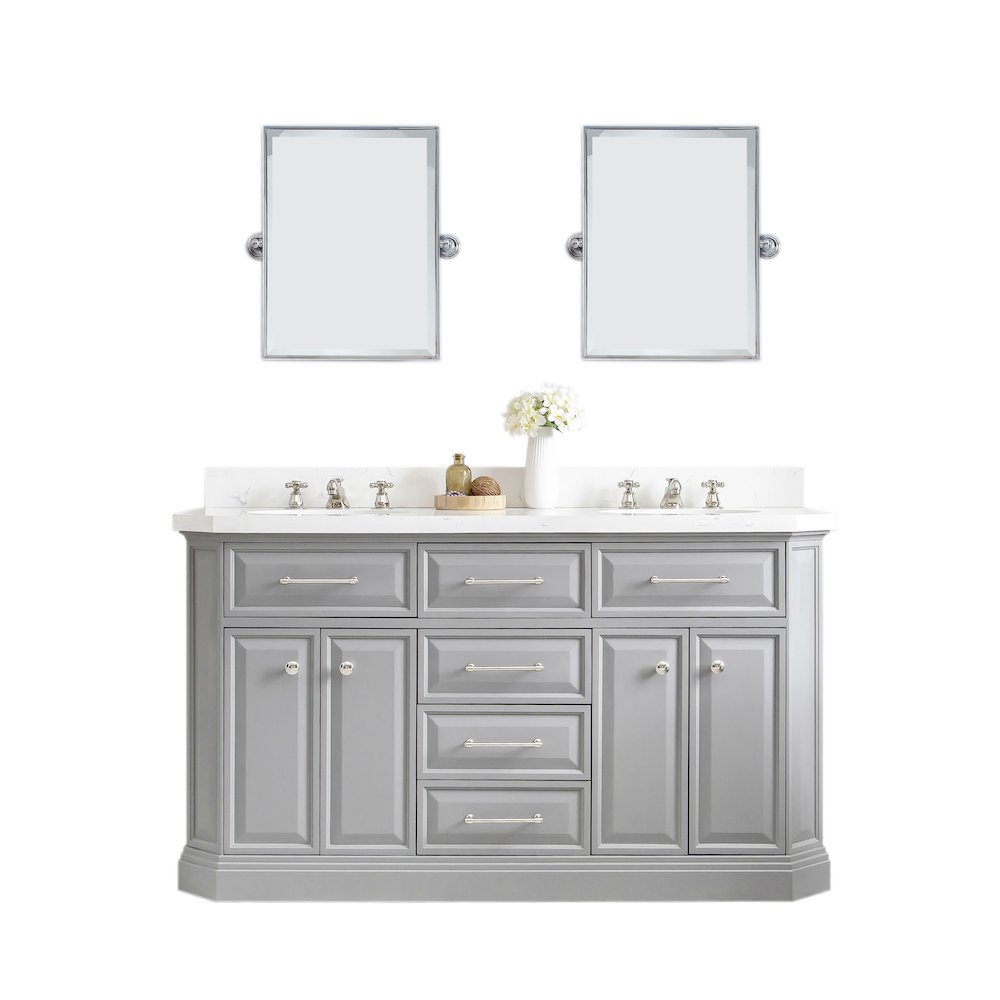 Palace 60 In. Double Sink Carrara Quartz Countertop Bath Vanity in Cashmere Grey
