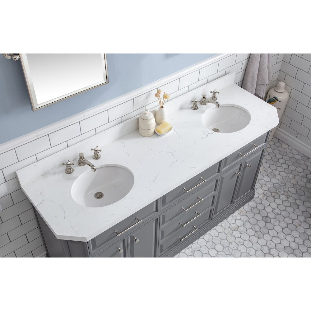 Palace 72 In. Double Sink Carrara Quartz Countertop Bath Vanity in Cashmere Grey