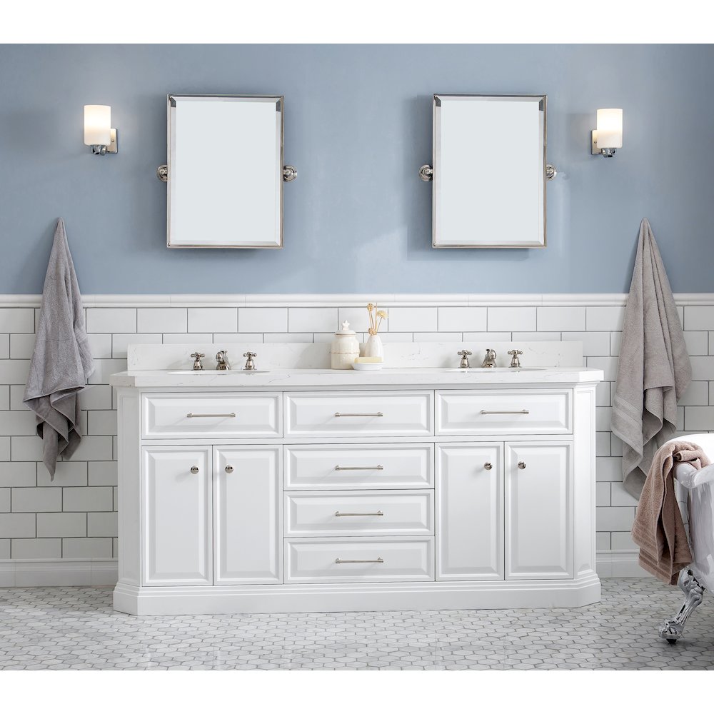 Palace 72 In. Double Sink Carrara Quartz Countertop Bath Vanity in Pure White