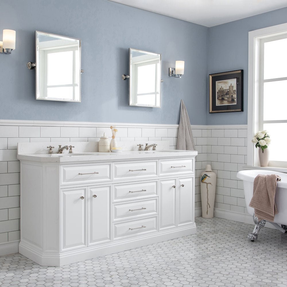 Palace 72 In. Double Sink Carrara Quartz Countertop Bath Vanity in Pure White