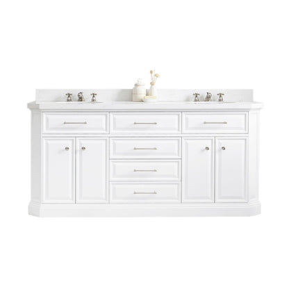 Palace 72 In. Double Sink Carrara Quartz Countertop Bath Vanity in Pure White