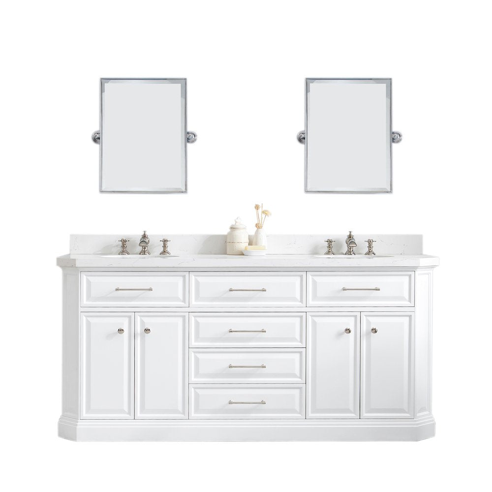 Palace 72 In. Double Sink Carrara Quartz Countertop Bath Vanity in Pure White