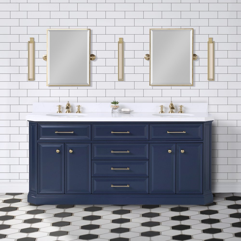 Palace 72 In. Double Sink Carrara Quartz Countertop Bath Vanity in Monarch Blue