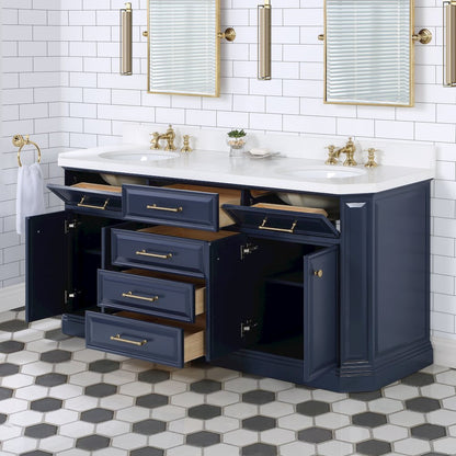 Palace 72 In. Double Sink Carrara Quartz Countertop Bath Vanity in Monarch Blue