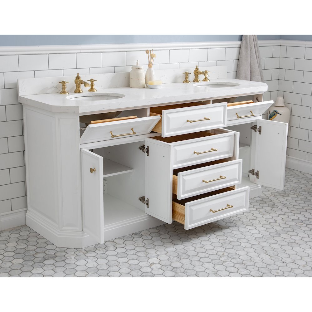 Palace 72 In. Double Sink Carrara Quartz Countertop Bath Vanity in Pure White