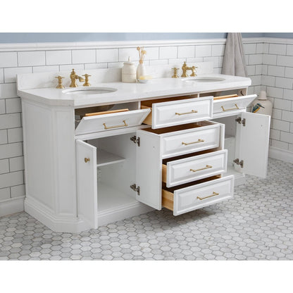 Palace 72 In. Double Sink Carrara Quartz Countertop Bath Vanity in Pure White