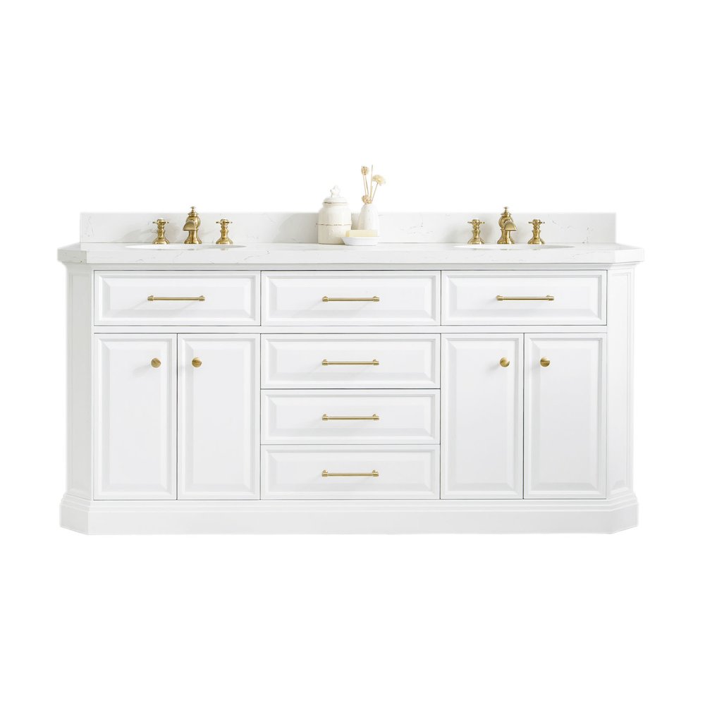 Palace 72 In. Double Sink Carrara Quartz Countertop Bath Vanity in Pure White