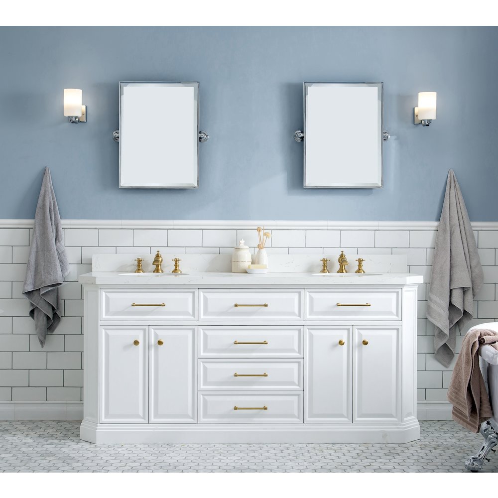 Palace 72 In. Double Sink Carrara Quartz Countertop Bath Vanity in Pure White