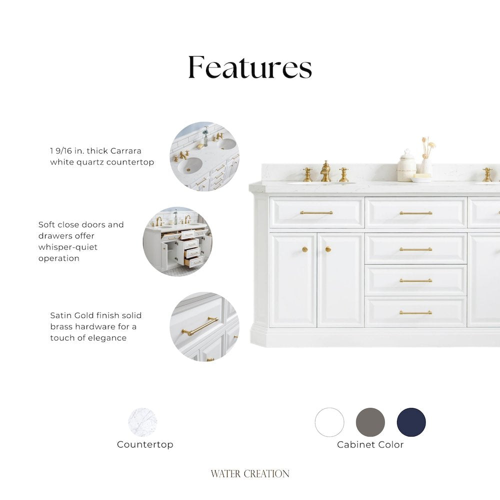 Palace 72 In. Double Sink Carrara Quartz Countertop Bath Vanity in Pure White
