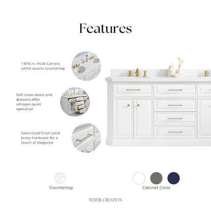 Palace 72 In. Double Sink Carrara Quartz Countertop Bath Vanity in Pure White
