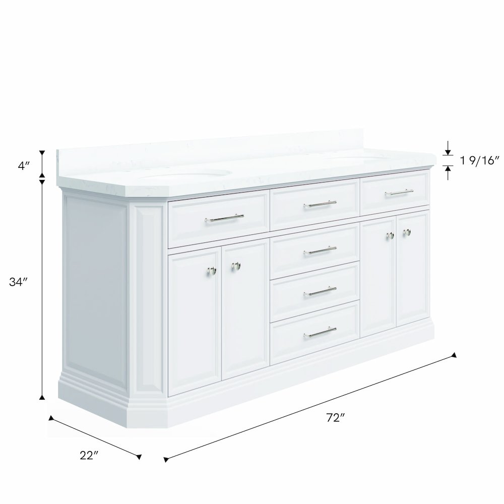Palace 72 In. Double Sink Carrara Quartz Countertop Bath Vanity in Pure White