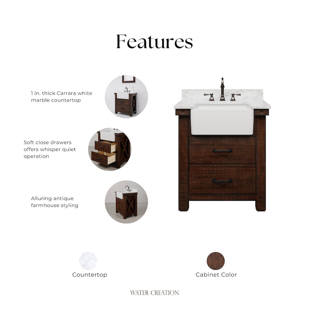 Paisley 30 In. Single Sink Carrara White Marble Countertop Bath Vanity