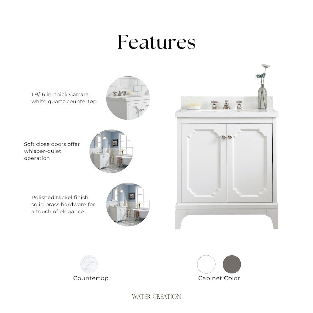 Queen 30 In. Single Sink Sink Carrara Quartz Countertop Bath Vanity