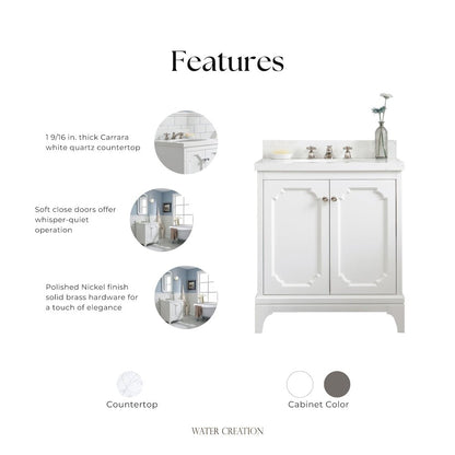 Queen 30 In. Single Sink Sink Carrara Quartz Countertop Bath Vanity