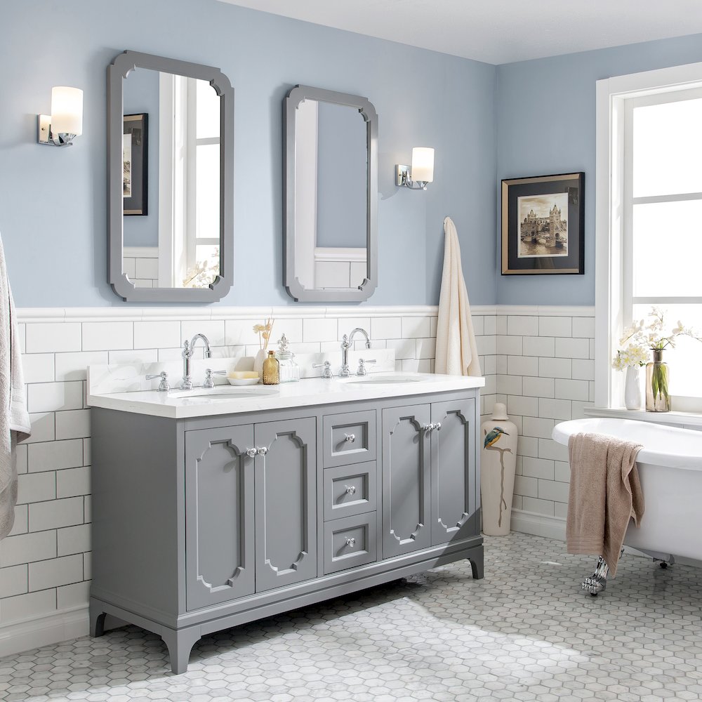 Queen 60 In. Double Sink Sink Carrara Quartz Countertop Bath Vanity