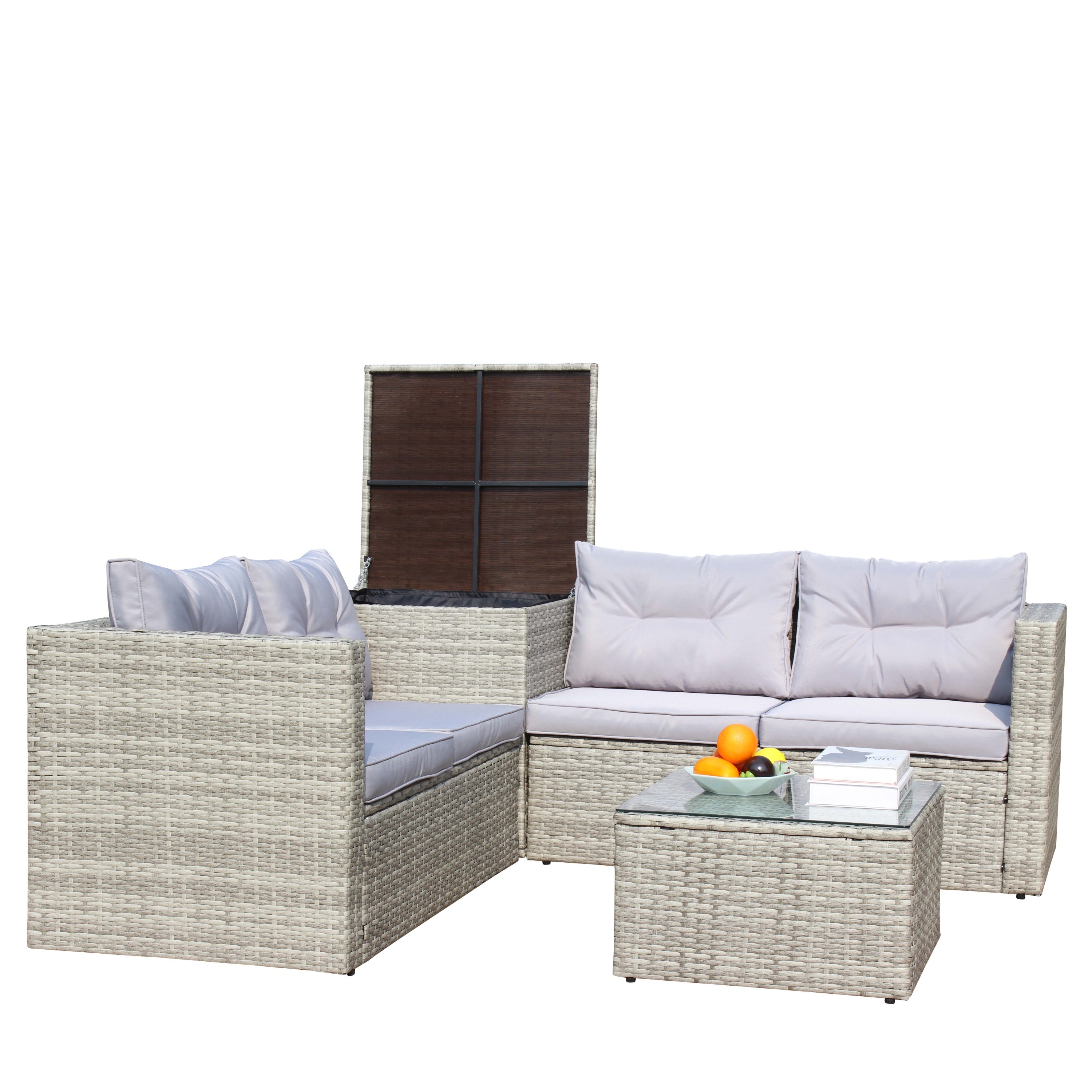 4 Piece Patio Sectional Wicker Rattan Outdoor Furniture Sofa Set with Storage Box Grey